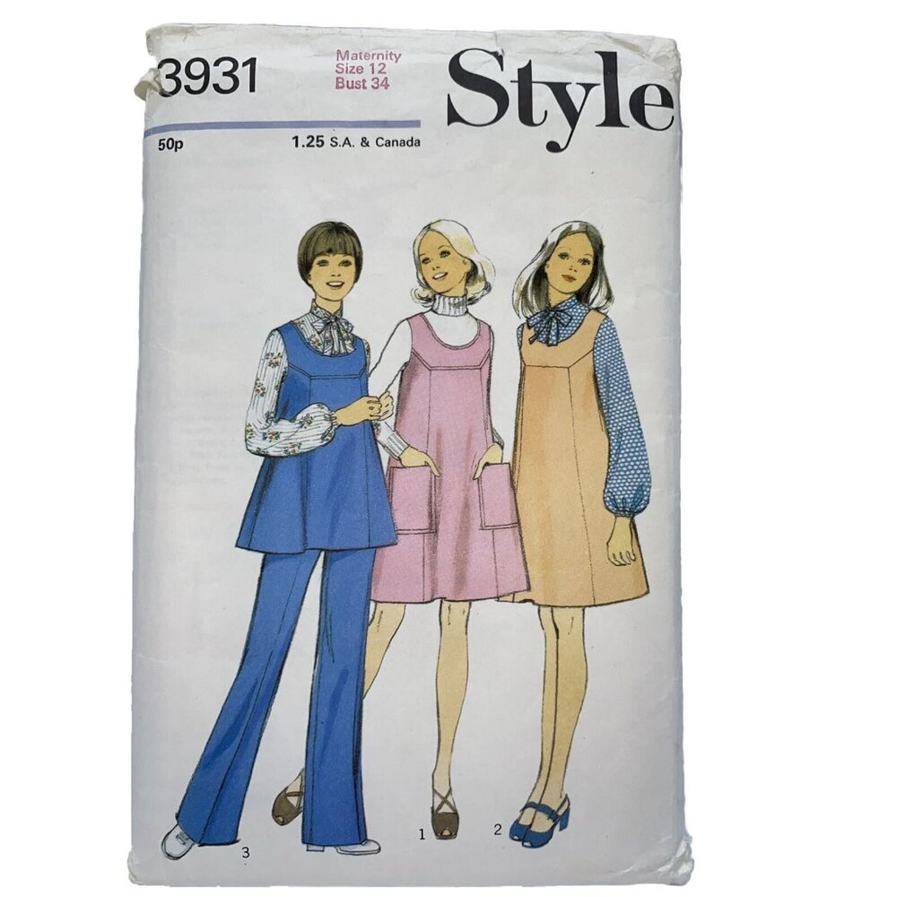 1972 Style 3931 Maternity Pinafore Dress Tunic Trousers Blouse Size 12 Bust 34